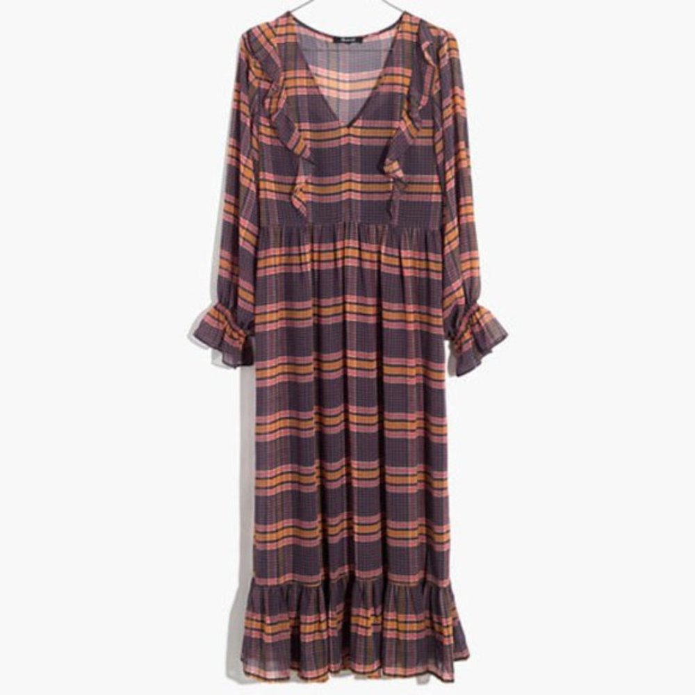 Madewell Sheer Plaid Long Sleeve Ruffle Midi Dress